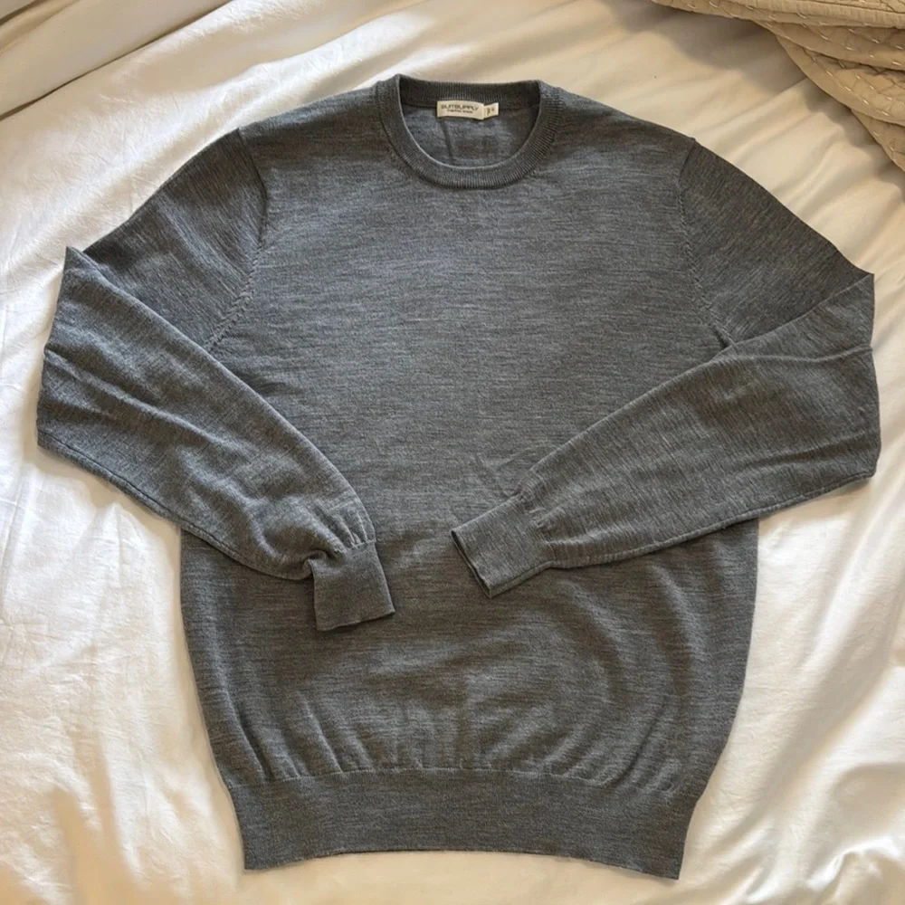 MENS Gray Crew Neck MERINO WOOL Sweater - Picture 1 of 3